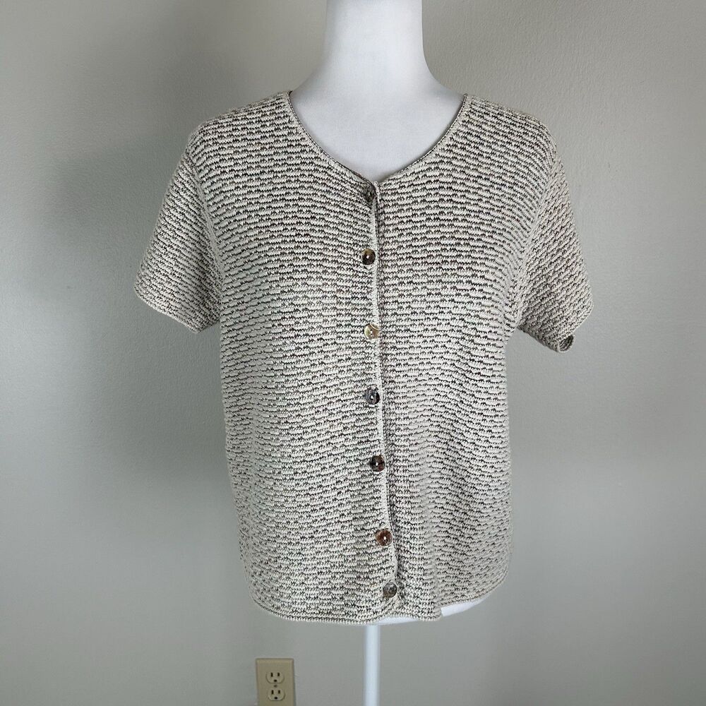 Reba Rose Pointelle Knit 90s Short Sleeve Top Button Cardigan L USA Vintage Tan